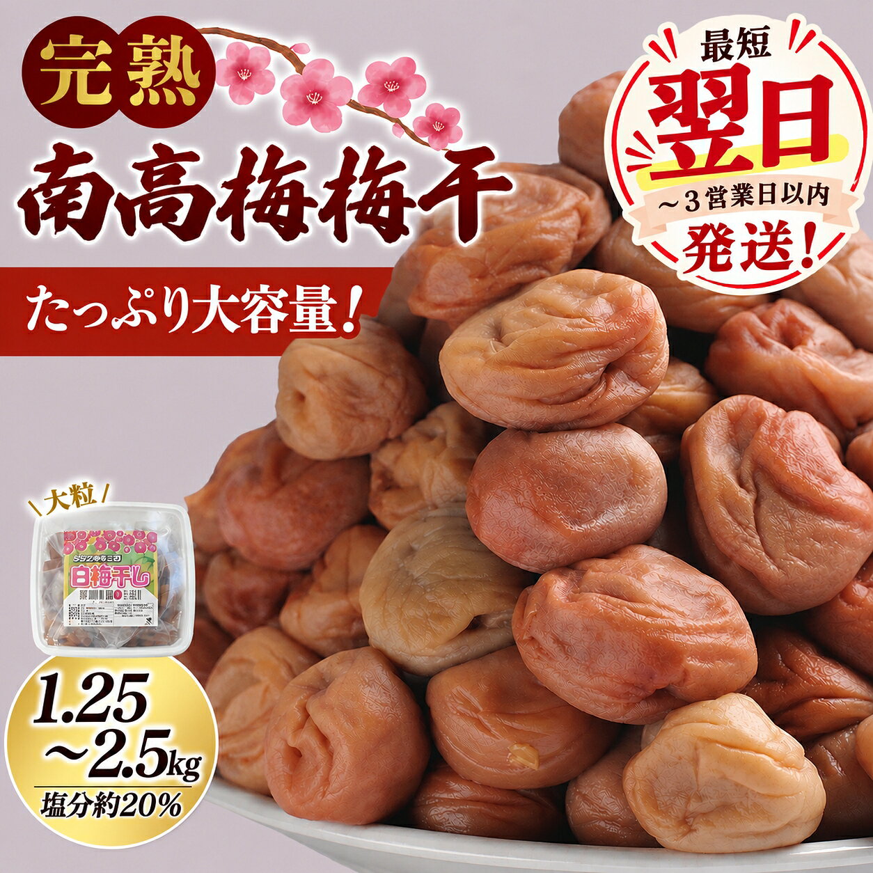 【ふるさと納税】 最短翌日発送 梅干し 無添加 完熟 南高梅 1.25kg 2.5kg 選べる 容量 塩分約20％ 数量限定 サイズ混合 高評価 ご家庭用 梅干し 梅 うめ ウメ 梅干 白干し 白梅 人気 健康 ご飯のお供 お取り寄せ 予約 夏バテ対策 熱中症対策 和歌山県 北山村｜価格・送料・ポイント還元まとめ｜レビュー163件